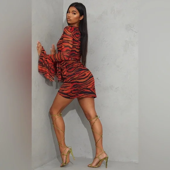 PrettyLittleThing | Dresses | Orange Zebra Print Mesh Flared Sleeve Tie  Waist Bodycon Dress | Poshmark